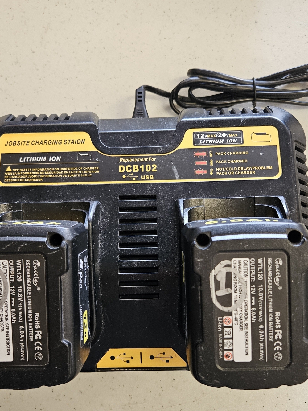 Replacement Dual Lithium-Ion Battery Charger for DCB102 - Black With 2 Batteries
